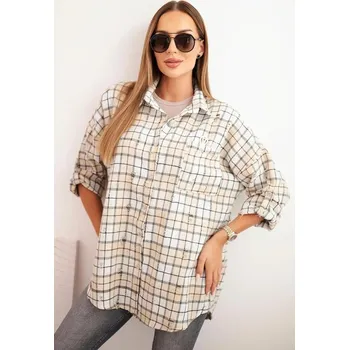 Dámská mikina Bavlněná košile s károvaným vzorem a efektem obnošení model 9368 béžová