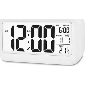 Budík Elektronický budík bílý Datum, opakované buzení (Snooze), podsvícení, teploměr, na baterie
