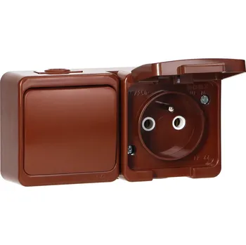 Elektrická zásuvka Povrchově montovaná jednoduchá zásuvka 2P+E s krytem + jednopólový spínač, IP44, CHYTRÝ, hnědá