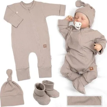 Kojenecký overall Baby Nellys Rostoucí žebrovaný overálek, čepička a botičky Nature - toffi Baby Nellys Vel. 74/80