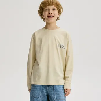 Dětská móda Reserved - Bavlněné tričko s potiskem a dlouhými rukávy - krémová - 047FI-01X - 047FI-01X-140