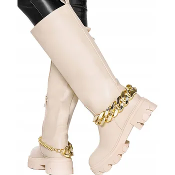 Dámské kozačky Béžové KOZAČKY po Koleno na Platformě Zlatý Řetízek Klasické vel. 39