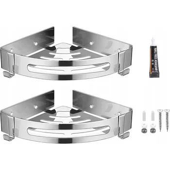 Koupelnový nábytek 2x ROHOVÁ POLICE DO KOUPELNY S HÁČKY DO SPRCHY STŘÍBRNÁ + lepidlo + šrouby