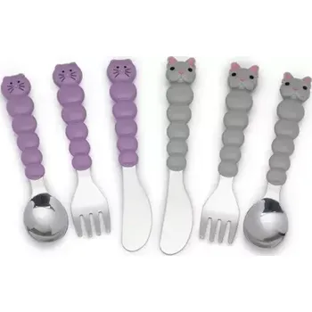 dětská jídelní sada Melii Dětský příbor Kočka/ Buldoček - fialový/ šedý - 6ks