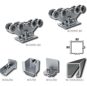 Pohon brány sada pro nesenou bránu W Set 80/Zn-DIER - sada pro posuvnou samonosnou bránu, C profil předvrtaný zinkovaný 80 x 80 x 5 mm, 6 m, 2 x vozík 9-kolečkový, kapsa, kolo