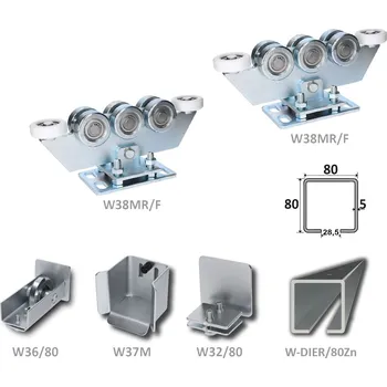 Pohon brány sada pro nesenou bránu W Set 80/Zn-DIER - kování pro posuvné brány, děrovaný C profil předvrtaný zinkovaný 80 x 80 x 5 mm, 6 m, 2 x vozík stavitelný, kapsa, kolo