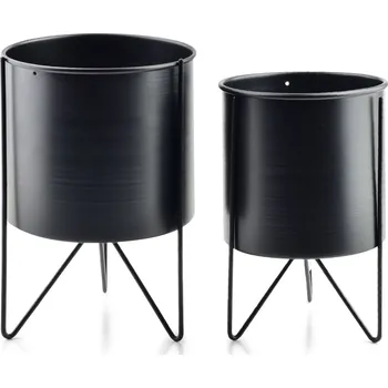Květináč KOVOVÝ KVĚTINÁČ SE STOJÁNEM SWEN CYLINDRE SADA 2KS 26X18 CM+14,5X16 CM ČERNÁ