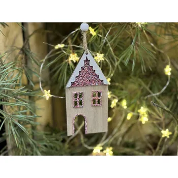 Vánoce Závěs domek růžový glitr(2)