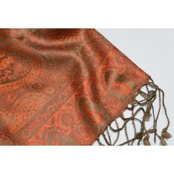 Šála Hedvábná šála Jamawar střední - Hnědá a oranžová s ornamenty