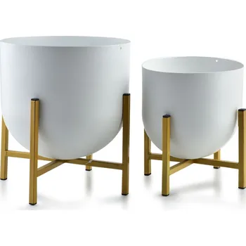 Květináč KOVOVÝ KVĚTINÁČ SE STOJÁNEM BOULE SADA 2KS 20X22 CM+16X17 CM BÍLÁ/ZLATÁ