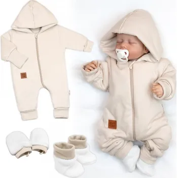 Dětská móda Bavlněný oteplený overálek s kapucí, rukavičky, botky, 3D sada Nature - sv. béžový, Velikost koj. oblečení 68 (3-6m)