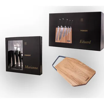 Domácí spotřebič Příbory MARIANNA + Sada nožů Eduard s dřevěným blokem + Krájecí deska Invi