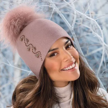 Čepice Dámská zimní čepice s bambulí Krumlovanka z 100% vlny Woolmark – starorůžová W-0902/540