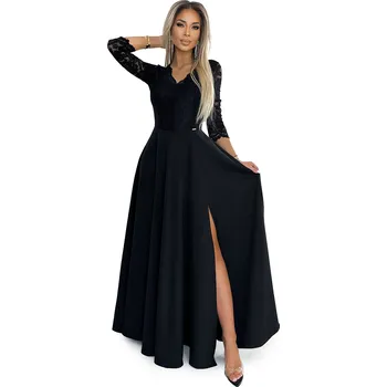 Dámské šaty AMBER elegantní krajkové dlouhé šaty s výstřihem a rozparkem na nohavicích - černé NUMOCO černá 2677095