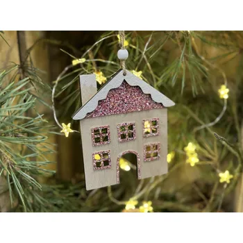 Vánoční dekorace Závěs domek růžový glitr (6)