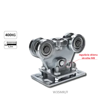 KOVIAN, s.r.o. Vozík pre C-profil 80x80x5/4mm výškovo nastaviteľný s reguláciou sklonu, 5x oceľové koliesko s ložiskom 6204ZZ, galvanické zinkovanie