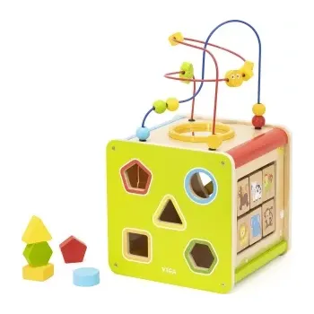 Dřevěná hračka Dřevěná vzdělávací kostka 5v1 s labyrintem, tvary a xylofonem