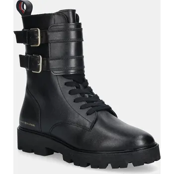 Dámské kozačky Kožené kotníkové boty Tommy Hilfiger TH LTHR BIKER LACEUP dámské, černá barva, na plochém podpatku, FW0FW08986 99X, EUR 37