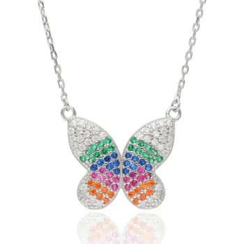 Náhrdelník Argento 92017 Stříbrný náhrdelník - motýl, barevné kulaté zirkony, délka 43 až 46 cm