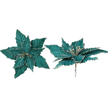 Vánoční dekorace LAALU Květina s klipem zelená a zlatým lemem 30 cm, sada 2 ks