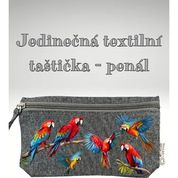 Penál Taštička/penál s potiskem, PAPOUŠCI MIX, 21x12cm, 1 kus Vyberte si barvu ZDE:: černý melír