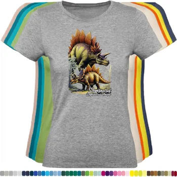Dámské tričko damske-levne-bavlnene-tricko-digitalni-potisk-dinosaurus-stegosaurus Barva: Grey melange - šedá směs, velikost: XXL