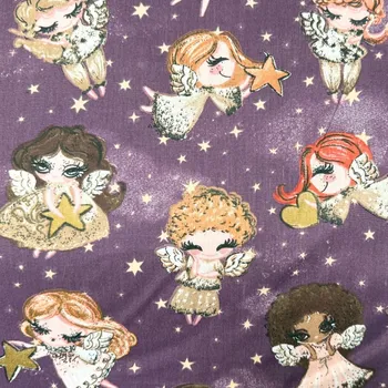 Rumitex Bavlněná látka, cena za 1 metr, šíře 160 cm, ANDÍLCI NA FIALOVÉM