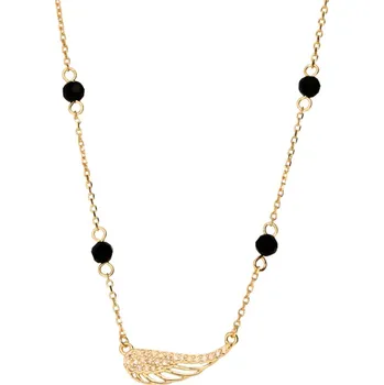 Náhrdelník Argento 91669 Pozlacený stříbrný náhrdelník - andělské křídlo, černé zirkony ve tvaru kuličky, čiré kulaté zirkony, délka 42 až 45 cm