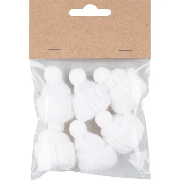 Vánoční dekorace Dekorační čepice pletená o 3 x 4,5 cm, 6 ks v sáčku, bílá