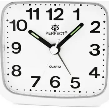 Budík Bílý analogový budík na baterie 8x8x5cm Perfect