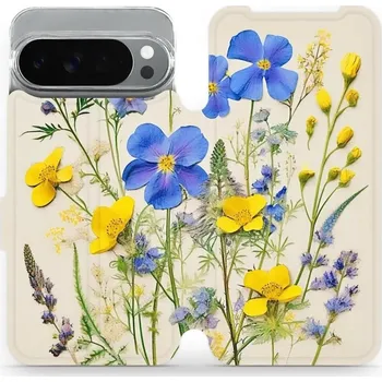 Pouzdro na mobilní telefon Flipové pouzdro Mobiwear - Google Pixel 10 Pro XL - VP41S Modré a žluté kvítky (Knížkové flip pouzdro, obal, kryt na mobil Google Pixel 10 Pro XL - VP41S Modré a žluté kvítky, materiál Umělá kůže + TPU - ochrana 360°, stojánek, silikonová vanička,)