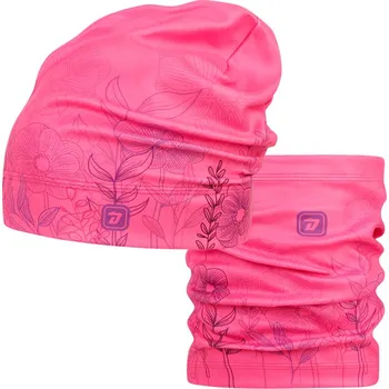 Čepice Set fleecové čepice a nákrčníku Yetti - vzor 52 - růžová neon - květiny 50 - 52