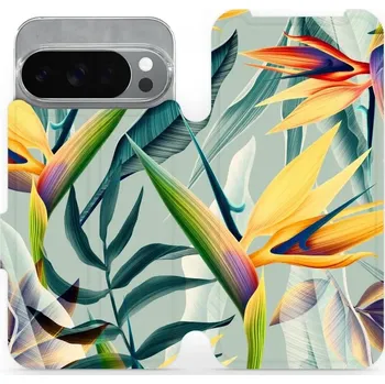 Pouzdro na mobilní telefon Flipové pouzdro Mobiwear - Google Pixel 10 Pro - MC02S Žluté velké květy a zelené listy (Knížkové flip pouzdro, obal, kryt na mobil Google Pixel 10 Pro - MC02S Žluté velké květy a zelené listy, materiál Umělá kůže + TPU - ochrana 360°, stojánek, silikonov