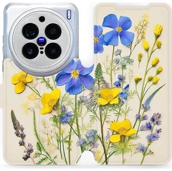 Pouzdro na mobilní telefon Flipové pouzdro Mobiwear - Vivo X200 Pro - VP41S Modré a žluté kvítky (Knížkové flip pouzdro, obal, kryt na mobil Vivo X200 Pro - VP41S Modré a žluté kvítky, materiál Umělá kůže + TPU - ochrana 360°, stojánek, silikonová vanička, magnetické zavírání)