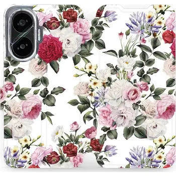 Pouzdro na mobilní telefon Flipové pouzdro Mobiwear - Xiaomi Poco F7 - MD01S Růže na bílé (Knížkové flip pouzdro, obal, kryt na mobil Xiaomi Poco F7 - MD01S Růže na bílé, materiál Umělá kůže + TPU - ochrana 360°, stojánek, silikonová vanička, magnetické zavírání)