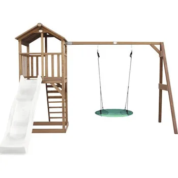 Dětské hřiště Herní věž axi Beach Tower s kulatou hnízdovou houpačkou dřevo hnědé skluzavka bílá