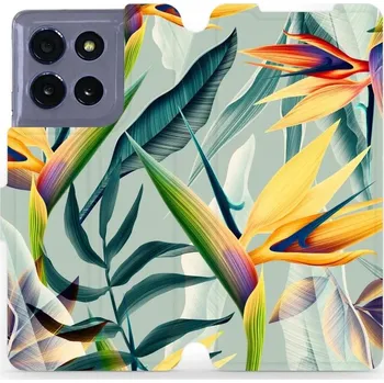 Pouzdro na mobilní telefon Flipové pouzdro Mobiwear - Motorola Moto G86 5G - MC02S Žluté velké květy a zelené listy (Knížkové flip pouzdro, obal, kryt na mobil Motorola Moto G86 5G - MC02S Žluté velké květy a zelené listy, materiál Umělá kůže + TPU - ochrana 360°, stojánek,)
