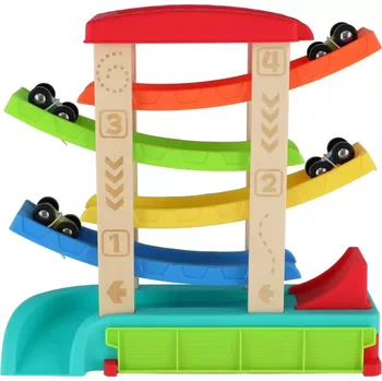 Hračka Teddies Dráha závodní kaskádová pro auta +auta 4ks dřevo/plast 33x32x10cm 18m+