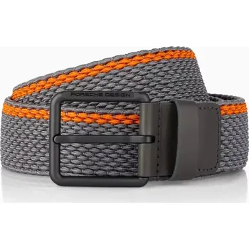 Opasek PORSCHE DESIGN Casual Pin Buckle Chino Belt Módní ležérní pásek tkaný se sponou šedý s oranžovým doplňkem šířka 4 cm (Tkaný chino pásek Porsche Design s exkluzivní sponou v matném titanovém vzhledu)