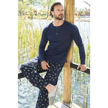 Pánské pyžamo Modré a žluté vzorované luxusní pyžamo pro muže s knoflíky u krk 1P1787 modrá xl