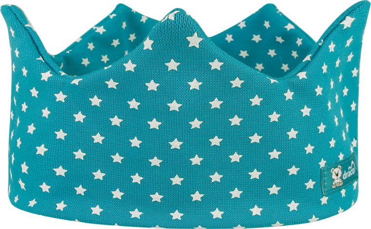 Dětská bavlněná čelenka korunka - vzor 006 - tyrkysová - hvězdičky 46 - 48