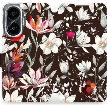 Pouzdro na mobilní telefon Flipové pouzdro Mobiwear - Xiaomi Poco F7 - VP72S Květy na hnědé (Knížkové flip pouzdro, obal, kryt na mobil Xiaomi Poco F7 - VP72S Květy na hnědé, materiál Umělá kůže + TPU - ochrana 360°, stojánek, silikonová vanička, magnetické zavírání)