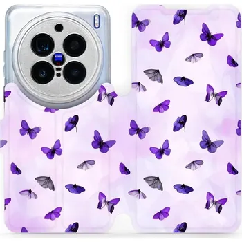 Pouzdro na mobilní telefon Flipové pouzdro Mobiwear - Vivo X200 Pro - VP76S Fialoví motýlci (Knížkové flip pouzdro, obal, kryt na mobil Vivo X200 Pro - VP76S Fialoví motýlci, materiál Umělá kůže + TPU - ochrana 360°, stojánek, silikonová vanička, magnetické zavírání)