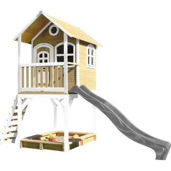 Hra na zahradu Herní domeček na kůlech axi Sarah 370 x 191 cm dřevo hnědé/bílé včetně šedé skluzavky