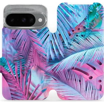 Pouzdro na mobilní telefon Flipové pouzdro Mobiwear - Google Pixel 10 - MG10S Fialové a modré listy (Knížkové flip pouzdro, obal, kryt na mobil Google Pixel 10 - MG10S Fialové a modré listy, materiál Umělá kůže + TPU - ochrana 360°, stojánek, silikonová vanička, magnetické zavírání