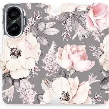 Pouzdro na mobilní telefon Flipové pouzdro Mobiwear - Xiaomi Poco F7 - MX06S Květy na šedém pozadí (Knížkové flip pouzdro, obal, kryt na mobil Xiaomi Poco F7 - MX06S Květy na šedém pozadí, materiál Umělá kůže + TPU - ochrana 360°, stojánek, silikonová vanička, magnetické zavírání)