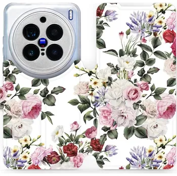 Pouzdro na mobilní telefon Flipové pouzdro Mobiwear - Vivo X200 Pro - MD01S Růže na bílé (Knížkové flip pouzdro, obal, kryt na mobil Vivo X200 Pro - MD01S Růže na bílé, materiál Umělá kůže + TPU - ochrana 360°, stojánek, silikonová vanička, magnetické zavírání)