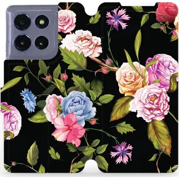 Pouzdro na mobilní telefon Flipové pouzdro Mobiwear - Motorola Moto G86 5G - VD07S Růže a květy na černém pozadí (Knížkové flip pouzdro, obal, kryt na mobil Motorola Moto G86 5G - VD07S Růže a květy na černém pozadí, materiál Umělá kůže + TPU - ochrana 360°, stojánek, silikonová)