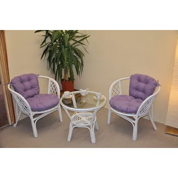 Sedací souprava Ratanová sedací souprava Bahama bílá 2+1, polstry fialový melír