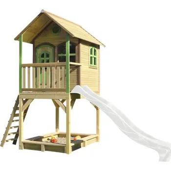 Dětský domeček Herní domeček na kůlech axi Sarah 370 x 191 cm dřevo hnědé/zelené včetně bílé skluzavky